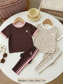 SHEIN Tween Girl Vintage Sweet Casual Dot Pattern Print & Pink Striped Horse Riding Print Short Sleeve T-Shirt And Flare Pants 2-Piece Set, Suitable For Spring, Summer, Autumn - Multicolor - View 6