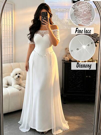 Elenzga Elegant Sexy Off-Shoulder Contrast Color Lace Short Sleeve Fitted Mermaid Long Dress, Crystal Decorated Neckline, Suitable For Dates, Spring/Summer Fashion Item