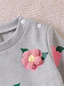 SHEIN Vintaside Kids 女婴休闲可爱运动衫套装，3D 钩针花卉印花套头衫和针织紧身裤，秋季 - 灰色 - 查看 6