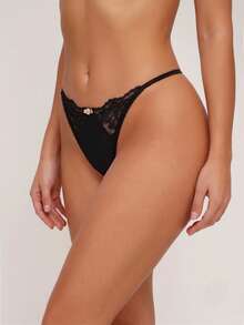 SHEIN Tanga de encaje de contraste, lencería sexy - Negro - Ver 3