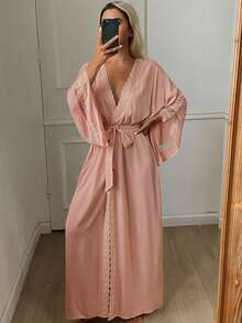 DAZY Summer Autumn Lace Patchwork Women's Nightgown Pajamas - Pink - View 4