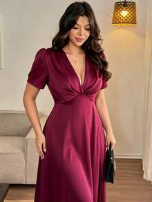 Vionelle Plus Size Women's Summer New Elegant Romantic Short Sleeve Dress, V-Neck, Slit Dress, Ruched Bust, Suitable For Dating, Afternoon Tea Outfit, Exquisite Elegant, Romantic Streetwear - Burgundy - View 6