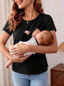 Modmama 孕妇两件套休闲哺乳T恤，简约时尚，适合日常穿着 - 黑與白 - 查看 4