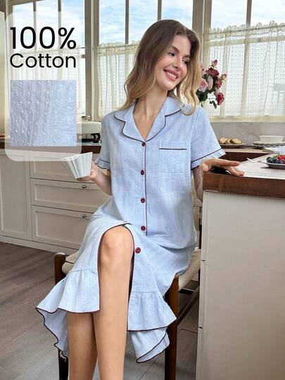 Snug Reverie Women's 100% Pure Cotton Jacquard Blue Romantic Fresh Summer Short Sleeve Button-Front Ruffle Hem Loungewear Dress
