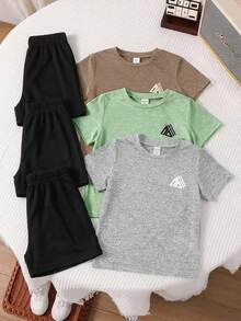 SHEIN 3件組兒童夏季男童休閒運動風幾何圖案圓領短袖上衣與幾何圖案短褲2件套 多件裝 適合戶外、運動、居家、休閒、專業運動 - 彩色 - 查看 3