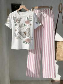 SHEIN Essnce 2件組刺繡圓領短袖上衣與條紋印花長褲，休閒風 - 彩色 - 查看 4