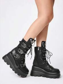 ROMWE Grunge Punk Women Heeled Sandals Punk Style Dark PU Riveted Platform Riding Boots Women Small Height Goth Metal Handsome Locomotive Boots Babes Fried Street Small Boots - Black - View 5