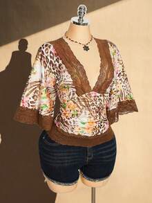 SHEIN ICON Plus Size Y2K Vintage Sexy Leopard Print V-Neck Lace Patchwork Flare Sleeve Top - Brown - View 6