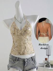 Glamine Women's Apricot Sequin Embroidered Spaghetti Strap Backless Tank Top, Fashionable Sexy Vacation Top, Sequin Embroidered Top - Apricot - View 7