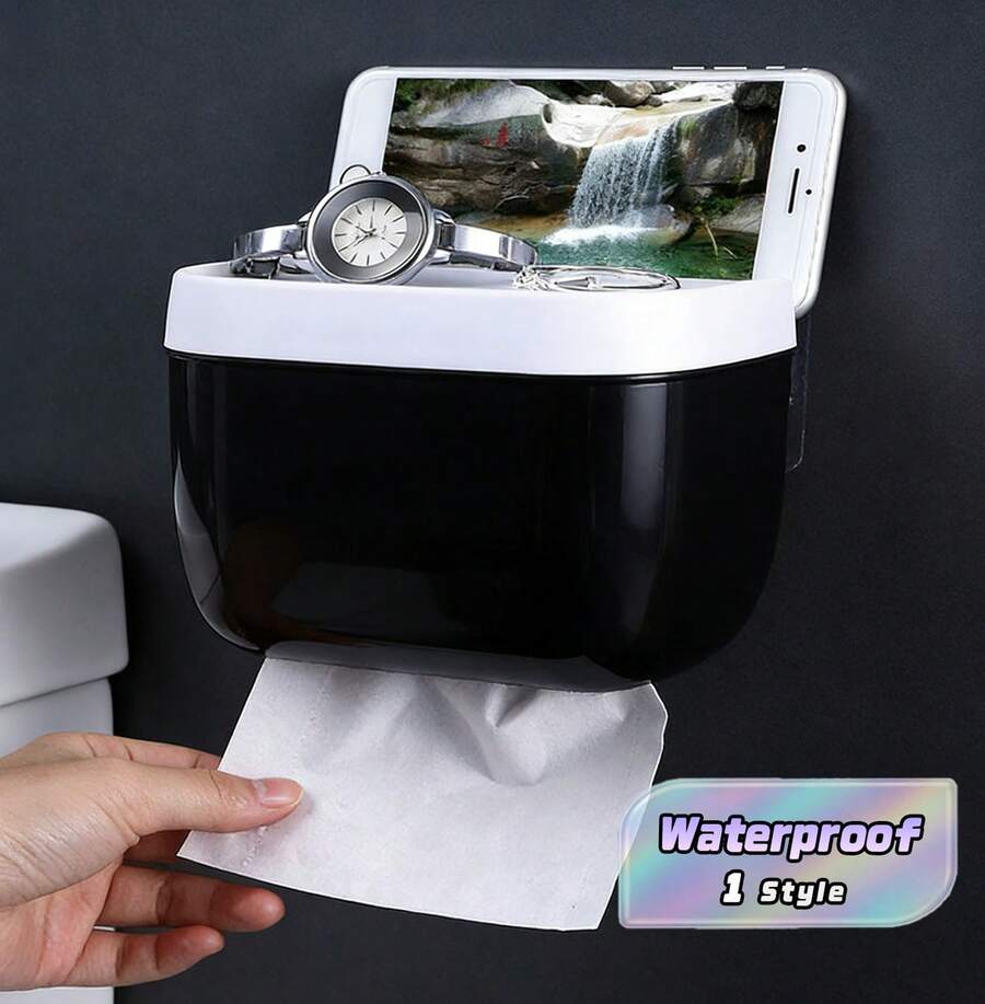 1 buah Kotak Tisu Toilet Plastik yang Dipasang di Dinding, Kotak Kertas Tahan Air Tanpa Lubang, Kotak Kertas Gulung untuk Kamar Mandi Hotel, Rak Penyimpanan - Hitam - View 1