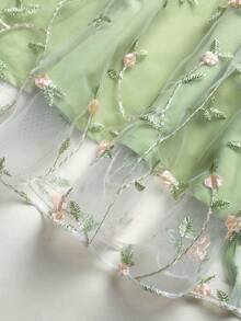 SHEIN 少女花卉刺繡網紗圓領無袖洋裝 - 綠色 - 查看 6