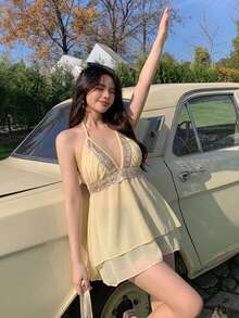 DAZY 女款夏季海灘花卉印花掛脖比基尼上衣 - 米色 - 查看 5