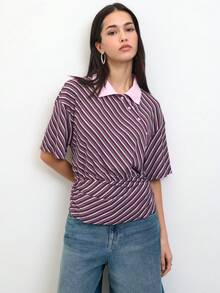 Nöista 條紋修身 Polo 衫，彈性面料，輕盈舒適，活力休閒，隨性氛圍，春夏款 - 紫色 - 查看 9
