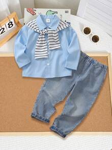 SHEIN Explorewe 2pcs/Set Young Boy Versatile Casual White Comfortable Skin-Friendly Woven Fabric Button-Up Collar With Shawl Decoration Long Sleeve Shirt + Elastic Waistband Real Denim Washed Distressed Effect Casual Long Pants Outfit, Suitable For Travel, Outdoor, Shopping, Party And Other Outdoor Activities - Baby Blue - View 1