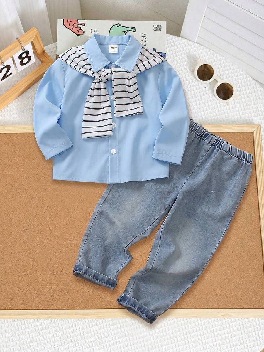 SHEIN Explorewe 2pcs/Set Young Boy Versatile Casual White Comfortable Skin-Friendly Woven Fabric Button-Up Collar With Shawl Decoration Long Sleeve Shirt + Elastic Waistband Real Denim Washed Distressed Effect Casual Long Pants Outfit, Suitable For Travel, Outdoor, Shopping, Party And Other Outdoor Activities - Baby Blue - View 1