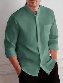 Core Aspect Men's Casual Versatile Solid Color Long Sleeve Shirt - Dark Green - View 4
