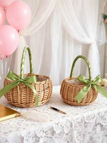 1PC Small Handheld Woven Rattan Wicker Flower Basket With Bow Practical Storage Decorative Basket For Birthday Party Wedding Bridal Shower Garden Home Decor Gift For Her Friends Must Haves - green - View 3