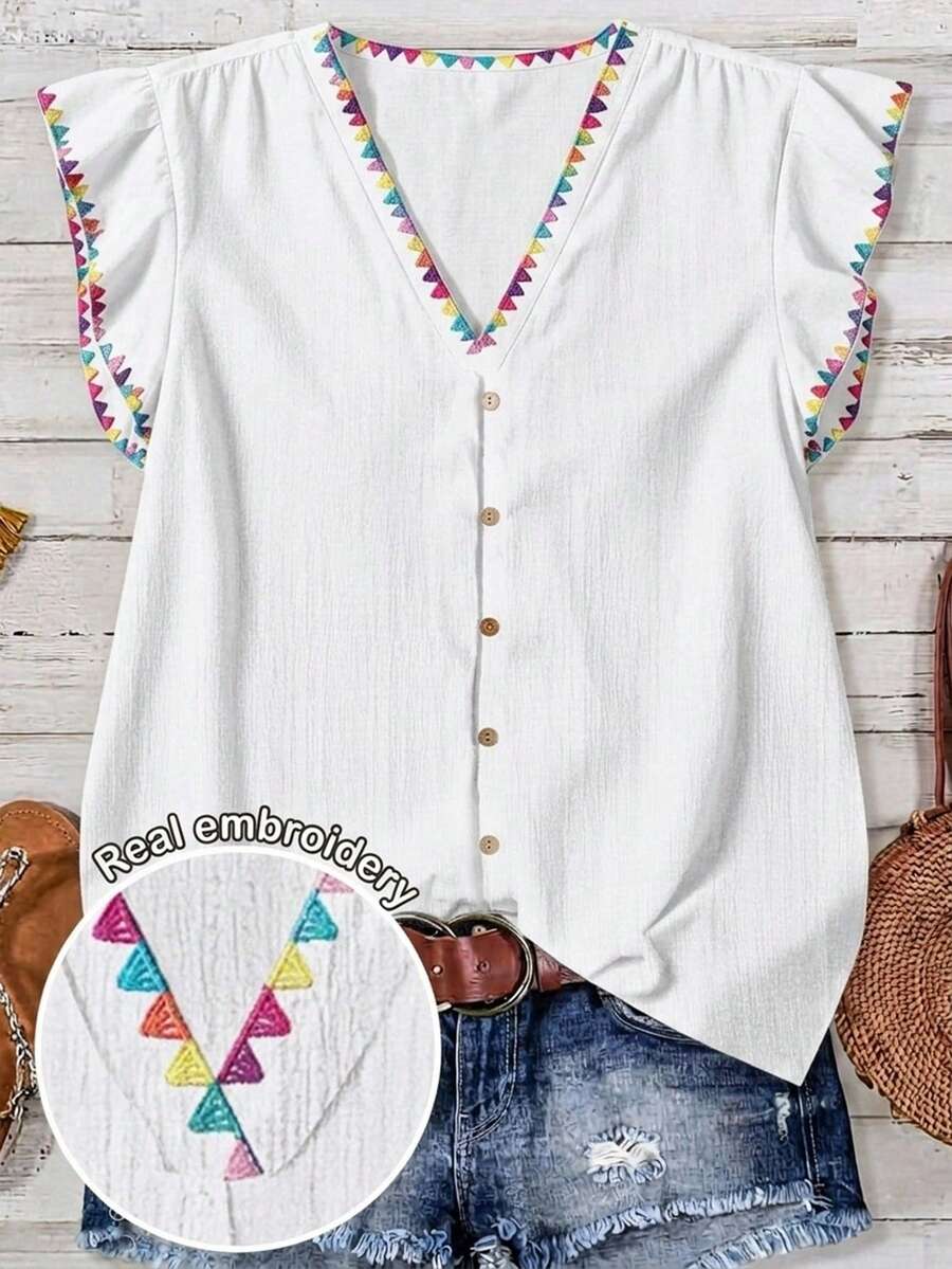 EMERY ROSE Plus Size Vacation Casual Contrast Trim Flutter Sleeve Blouse - White - View 1