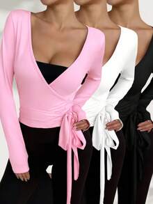 SHEIN EZwear 2026秋季新款 95%棉 時尚歐美性感簡約休閒運動健身彈性柔軟前開襟繫帶V領貼身長袖短版三件套純色優雅通勤女款T恤，四季皆宜，皮拉提斯、瑜伽運動T恤 - 彩色 - 查看 11