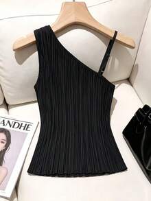 Franclia 女款時尚不對稱領口無袖上衣，飾有金屬裝飾 - 黑色 - 查看 2