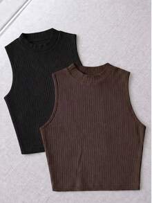 Paquete de camisetas de tirantes de algodón con tejido de canalé para mujer, cuello redondo, ajuste ceñido, estilo básico casual. - Marrón - Ver 5