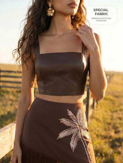 CAJUNI Elegant Brown PU Leather Straight Top