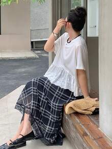 Dazy Plus 大尺碼女款格紋對比蕾絲直筒優雅中長裙 - 藏蓝色 - 查看 6