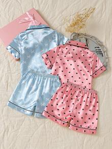 SHEIN 女童花卉愛心緞面開襟翻領睡衣套裝 4件式居家休閒服 - 彩色 - 查看 2