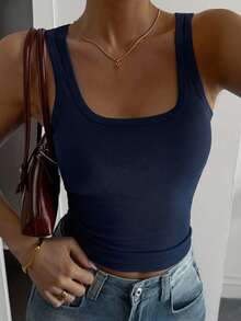 DAZY Women's Solid Color Square Neck Ribbed Slim Fit Casual Tank Top Summer - Navy Blue - View 4