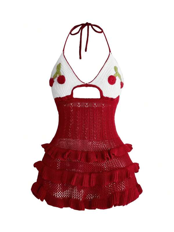 ROMWE Avant Women's Cherry Embroidered Contrast Color Ruffle Knit Top