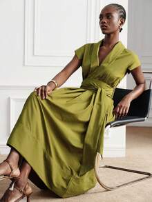 Aveloria Modichic Women's Dress Slim A-Line Midi Deep V Neck Tie Waist Cap Sleeve Pleated Elegant Minimalist Vintage Olive Green For Party Brunch Office Garden Summer - Olive Green - View 7