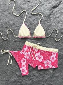 Swim Mod Women's 2026 Spring/Summer New Dual-Color Print Contrast Shoulder Strap Drawstring Triangle Bikini Set 3 PiecesSwimsuit - Multicolor - View 5