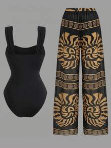 Swim Oasis Women's Summer 2-Piece Swimsuit Set With Ruched One-Piece Top, Shell Trim, Random Print Long Pants, Beach Vacation - Multicolor - View 4