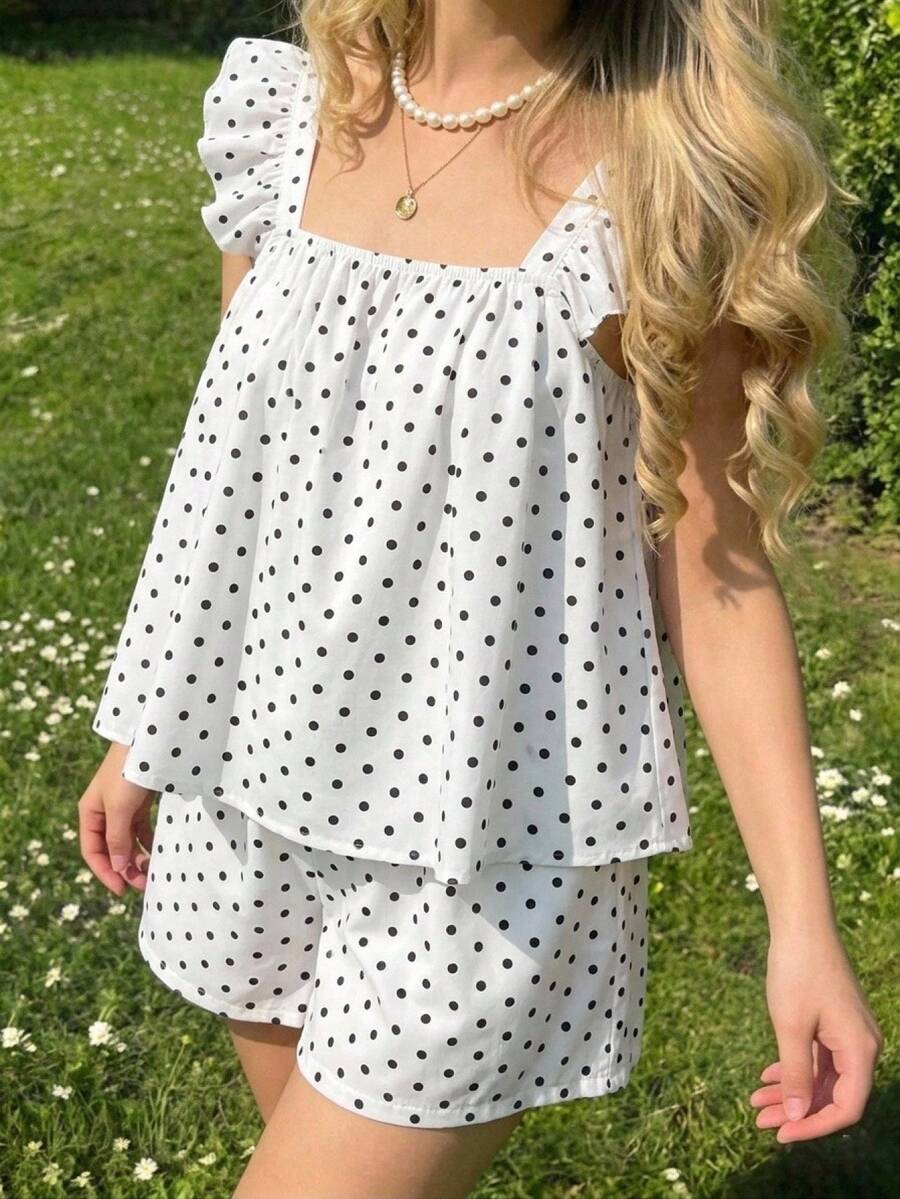 SHEIN 青少年女孩圓點印花法式風格背心上衣與休閒短褲套裝 - 白色 - 查看 1