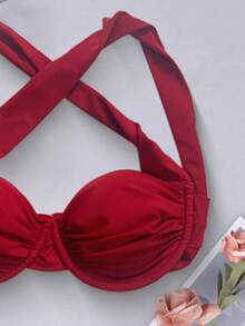 SHEIN Swim Women's Solid Color Ruched Underwire Bikini Top - Red - View 5