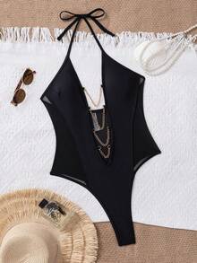 Swim SXY Gold Chain Black Lace Halter High-Cut One-Piece Swimsuit Beachwear Beach Party Summer Sexy Tropical - Black - View 3