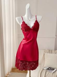 Moireta Ladies' Lace Patchwork Cami Sleep Dress Pajama Dress Bridallingerie - Red - View 2