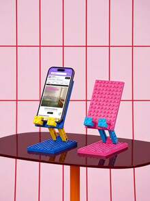 Joivida 1Pc Adjustable Building Block Phone Stand, Foldable Desktop Lazy Phone Holder With Heavy‑Duty Metal Base & Anti‑Slip Silicone Pad, 90° Dual‑Axis Angle Adjustable Brick‑Inspired Cell Phone Cradle, Horizontal & Vertical Compatible, Portable Foldable Desk Decor For Home Office Bedroom, Creative DIY Phone Stand In Navy Blue & Rose Red - Multicolor - View 1