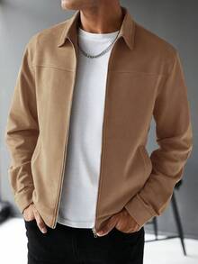 Manfinity CasualCool 男士純色長袖拉鍊休閒夾克 - 卡其色 - 查看 6