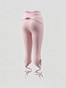 Sweetra Women's Solid Color High Waist Criss-Cross Design Casual 7/8 Leggings Sports - Pink - View 3