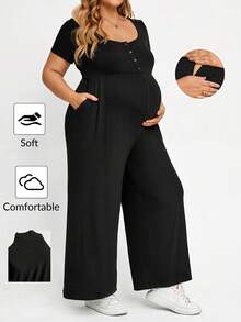 Plussiva 大尺碼孕婦純色鈕扣設計短袖寬腿連身褲 - 黑色 - 查看 2