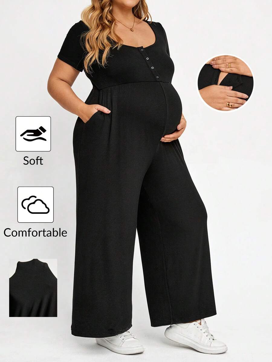 Plussiva 大尺碼孕婦純色鈕扣設計短袖寬腿連身褲