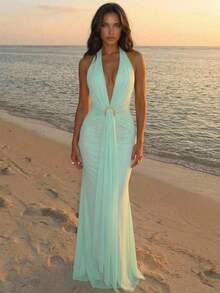 Aloruh Deep V-Neck Green Front Metal Decor Vacation Dress Summer Outfits Clothes Beach Vacation Boho Summer Outfits Clothes Beach Vacation Boho - Green - View 2