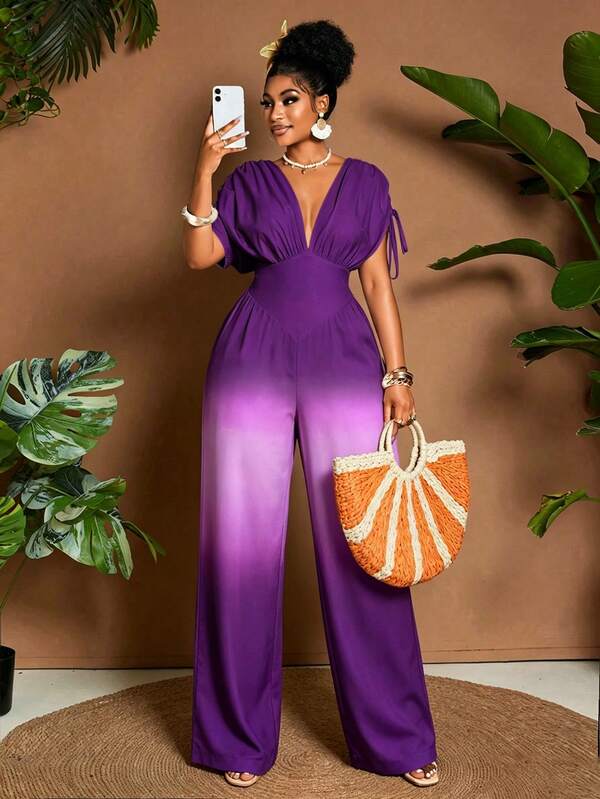 SHEIN Jumpsuit nữ thanh lịch lãng mạn in họa tiết gradient, cổ chữ V đính nơ, thiết kế đa năng phong cách Bohemian, dây rút nơ, cạp chun, phù hợp đi chơi, đi biển, lễ hội âm nhạc, dự đám cưới, lễ tốt nghiệp, công sở thường ngày, du lịch nghỉ dưỡng mùa xuân hè thu