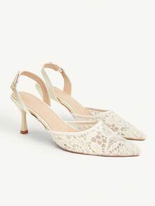 CUCCOO CHICEST 女款四季新款刺繡網格設計尖頭高跟鞋，浪漫優雅時尚網面女鞋，適合禮服約會穿搭 - 米色H - 查看 1