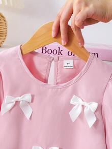 Back To School Young Girl Xiyin 4-7Y 2-Piece Set, 3D Ribbon Bow Detail Puff Long Sleeve Blouse Top With Pink Wide Leg Pants, Spring/Autumn Cute Sweet Fashion Princess Style Outfit, Y2K Aesthetic Daily Campus Play Casual Set - Pink - View 6