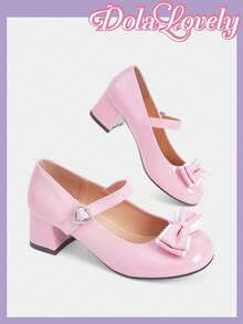 Dola Lovely Women's Shoes, Pink, Mary Jane, Bow, High Heels, Lolita Sweet Japanese JK Uniform Shoes - Pink shiny leather - View 4