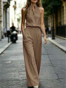 SHEIN Setelan Kasual Sehari-hari Wanita: Atasan V-Neck Polos dan Celana Panjang - Coklat - View 4
