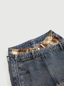 ROMWE J-Fashion Women's Retro Punk Street Style Plaid Patchwork 2 In 1 Lace-Up Jeans - Blue - View 5