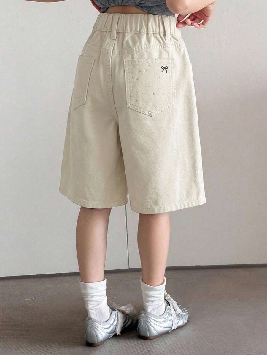 Dazy Kids 女童牛仔褲 春夏新款 後口袋水鑽喇叭牛仔褲 (大號) - 米色 - 查看 1